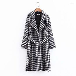 Women's Trench Coats 2022 Women Winter Houndstooth Print Female Fashion Autumn Warm Coat Feminine Adjustable Waist Slim Abrigos Mujer