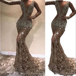 2023 Prom Dresses Sexy Bling Mermaid Illusion Keyhole V Neck Lace Crystal Beaded Sexy Open Back Split Sweep Train Plus Size Party Evening Gowns