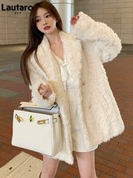 Women s Fur Faux Lautaro Winter Mid Length Warm Thick Soft Fluffy Coat Women Lapel Long Sleeve Loose Casual Korean Style Fashion 221128