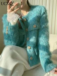 Wo UCXQ Socialite Temperament Giacca di tweed blu Autunno Inverno O-Collo Chic Monopetto Manica lunga Moda Donna Cappotto 10AB3826
