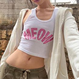 Women's Tanks 2000s Aesthetics Cute Letter Rhinestones Baby Y2K Grunge Streetwear O-neck Sleeveless Basic Crop Tops Harajuku