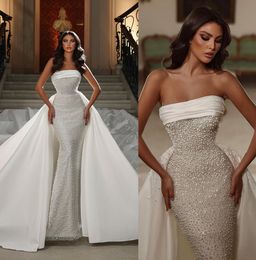 Exquisite Pearls Wedding Dresses Strapless Beading Bridal Gown Custom Made with Detachable Train Luxurious Wedding Gowns