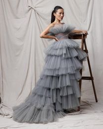 Silver Grey 2023 Prom Dresses Strapless Tiered Tulle Ruffles Party Dress Evening Gowns Women Photo Shoot vestido de noche