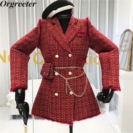 Women's Wool Blends Gold thread Plaid Suit Coat Women Notched Double breasted Feather Tassel Trim Slim Tweed Jacket With Free Belt bag 221128