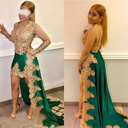 2023 Gold Lace Applique Prom Dresses Long Sleeves High Low Scalloped V Neck Satin Custom Made Evening Gown Formal Occasion Wear Vestidos Plus Size