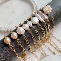 Charm Bracelets Natural Freshwate Pearl Bracelet Gold Colour Stainless Steel Chain Irregar Baroque For Women Wedding Party Dr Dhgarden Dhlda