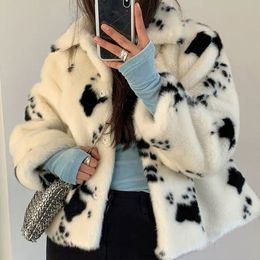 Women s Fur Faux Winter Coat Thick Cow Print Long Sleeve Turn down Collar Jacket White Korean Fashion Warm Female Short Coat 221128