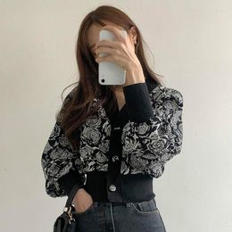 Women's Knits Vintage Hit Colour Patchwork Rose Pattern Cardigans Korean V Neck Long Sleeve Elegant Sweater Autumn Chic Streetwear Knitwear