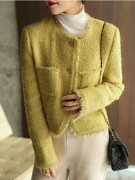 Wo Fall Winter French High Quality Women's Breasted Luxury Tweed Jacket Yellow Elegant Pocket Small Fragrant Outwear Women