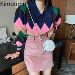 Women's Sweaters Kimotimo Argyle Sweater Women Korean Ins Age Reduction Be Collar Color Contrast Sweater Autumn Winter Long Sleeves Knit Top J220915