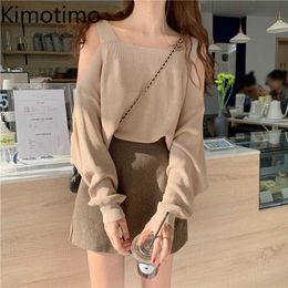 Women's Sweaters Kimotimo Off Shoulder Knitted Sweater Women Slash Neck Hollow Long Sleeves Ladies Tops Korean Autumn Design Retro Thin Sweater J220915