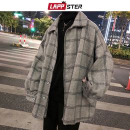 Mens Wool Blends LAPPSTER Men Korean Style Plaid Overcoat Streetwear Windbreaker Harajuku Fashions Oversize Jackets Coats 221129