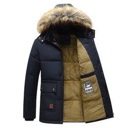 Mens Down Parkas Black Midlength Plus Velvet Thick Cottonpadded Jacket Winter Hooded Parka Hat Removable Coat Men Jaqueta Masculina 221129