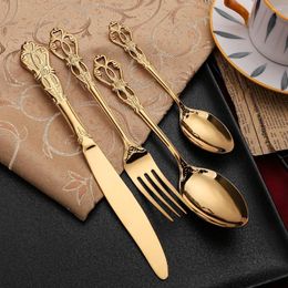 Dinnerware Sets Gold Fork Set 4pcs Hollow Steak Spoon Stainless Retro Decor Knife Cutlery Royal Style Steel Design Home European