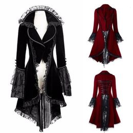 Women's Wool Blends Women Vintage Medieval Steampunk Coat Long-sleeved Bandage Lace Stitching Halloween Gothic Overcoat Tailcoat Tuxedo Outwear#g3 221129