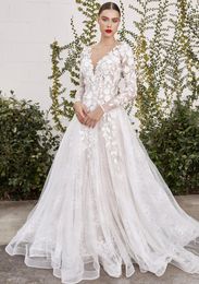 Deep V Neck Long Sleeves Wedding Dresses 3D Floral Court Train Lace A Line Bridal Gowns Plus Size