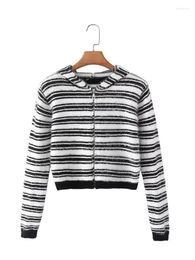 Women's Knits ZXQJ Women 2022 Fashion Black And White Stripes Knitting Hooded Cardigan Sweater Vintage Long Sleeve Zipper Female Outerwear