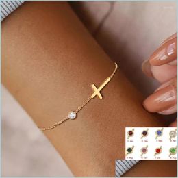 Charm Bracelets Birthstone Cross Bracelet Minimalist For Women Dainty Religiou Gift Her 18K Gold Plated Holy Communion Drop Dhgarden Dhp2P