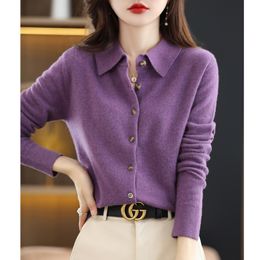 QNPQYX Women's Wool Knit Cardigan Jacket Loose Polo Collar Sweater Outer Solid Color Jumpers Button Knit Shirt Pullover French