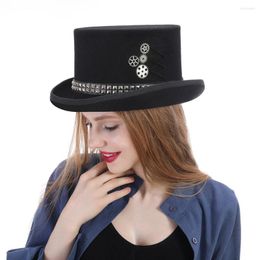 Berets Wool Black Women Men Steampunk Top Hat With Handmade Steam Punk Gear Fedora Cosplay Show 15CM 4 Size