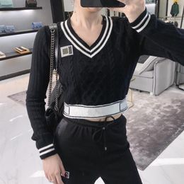 Fashion Women Short Sweaters Pullover Long Sleeve Sweater V-neck Embroidery Knits Classic Design Apparel Winter Clothing