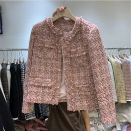 Wo Retro Tweed Spring and Autumn Short Fashion Korean Version Temperament Round Neck Button Top Coat Women 221129