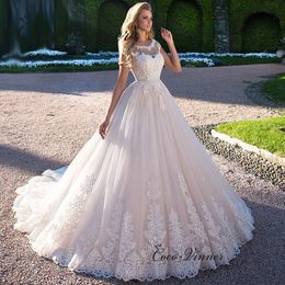 Sexy Backless Europe Wedding Gown Women Sheer Neck Lace Up Lace Embroidery Appliques Sweet Train Wedding Dress New Arrival