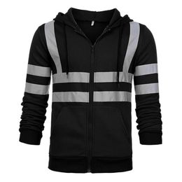 Mens Jackets Men Stripe Patchwork Hooded Jacket Ski Hoodies Reflective Visibility Workwear Coat Color Block High Quality Clothing 221129