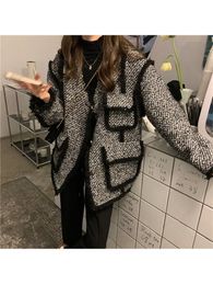 Wo Women Woolen Tweed Coat Autumn Winter Korean Style Sashes Waist Retro Vintage Gray Big Turn Down Collar Thicke Wool 221129