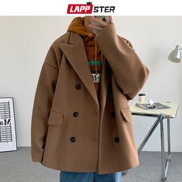 Mens Wool Blends LAPPSTER Men Winter Solid Harajuku Trench Coat Black Streetwear Hip Hop Overcoat Male Oversized Colorfuls Windbreaker 221129