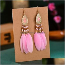 Dangle Chandelier Bohemian Dangle Earring Waterdrop Jewelry Vintage Colorf Feather Wood Beads Tassel Earrings For Women Hangers Et Dhiwp