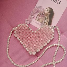 Evening Bags Clear Crystal Girl Diy Beaded Woven Handbag Retro PInk Beading Heart Shoulder Bag For Women 2022 Handmade Tote Ladies Gift