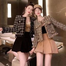Damenjacken Leiouna Vintage Lady Tweed Mantel Kurze weibliche Frauen Jacke Herbst Oberbekleidung Kanal Stil Za Anzug abgeschnitten Kawaii Korean 221128