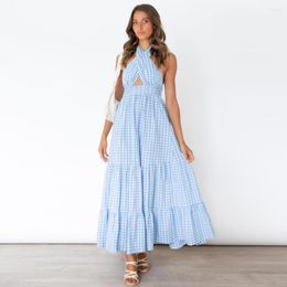 Casual Dresses 2022 Women Summer Long Dress Plaid Sleeveless V-Neck Ankle-Length Wear Night Part Clothes Beachwear