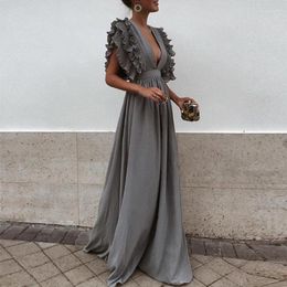 Casual Dresses Sexy Deep V-neck Maxi Skirt Ladies Layered Lotus Leaf Sleeve Elegant Party Dress Solid Colour Fashion Bohemian Beach