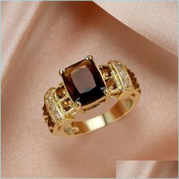 Wedding Rings Wedding Rings Big Square Coffee Zircon Brown Stone For Women Men Jewellery Vintage Fashion Yellow Gold Crystal R Dhgarden Dhga7