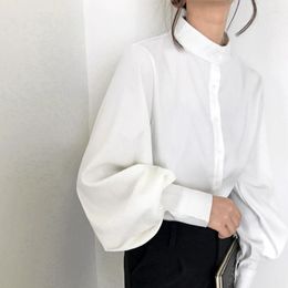Women's Blouses Big Lantern Sleeve Blouse Women Spring Fashion Single Breasted Stand Collar Shirts Female Office Work Solid White Tops