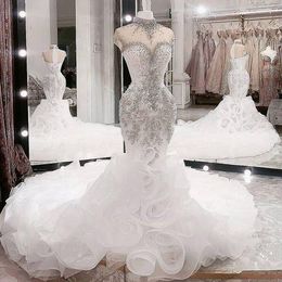 2023 Luxury Mermaid Wedding Dresses Arabic Illusion High Neck Crystal Beads Ruffles Tiered Organza Cap Sleeves Plus Size Custom Bridal Gowns Hollow Back