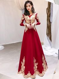 Ethnic Clothing Chinese Cheongsam Dress 2022 Fall Wedding Engagement V-neck Thin Long-sleeved Banquet