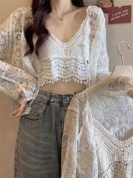 Women's Sweaters 2022 Spring New Women See Through Shirt Button Up Shirts Female Long Sleeves Crop Tops White Beach Lace Crochet Vest J220915