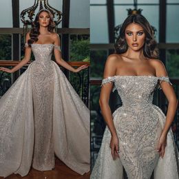 Luxurious Mermaid Wedding Dresses Strapless Lace Sequins Bridal Gown Custom Made Crystals with Detachable Train Wedding Gowns