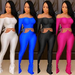 Women's Two Piece Pants Sexy Off Shoulder Women Sets Crop Top Matching Stacked White Tracksuit Fitness Outfits Suits Female Clothing