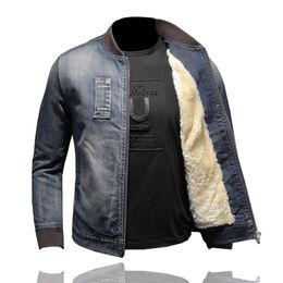 Baseball Coat Mens Denim Jacket With Fur Autumn Winter Jacket Thickened Slim Long Sleeve Male Tops Casual Outerwear
