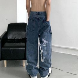 Men's Jeans Men Letter Embroidery Denim Trousers Loose Wide Leg Straight Baggy Hip Hop Solid Color Pants For Travel