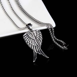 Retro Ancient Silver Angel Wing Necklace Pendant Stainless Steel Necklaces Chain for Women Men Street Hip Hop Fine Fashion Jewellery