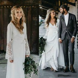 Long Sleeve Dubai White Wedding Dresses With Lace Modest Simple V Neck Rustic Civil Boho Wedding Dress Cheap Garden Brides