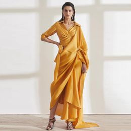 Party Dresses Blue Robes De Cocktai Sexy Mermaid Duba Satin Formal Evening Dress Arab Yellow Ruffle Cloak Zipper Up Full Sleeves Prom Gow