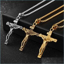 Chains Chains Crucifix Jesus Christ Men Jewelry Gold Brown Sier Color Stainless Steel Cross Pendant With Neck Chain Necklace Dhgarden Dht85