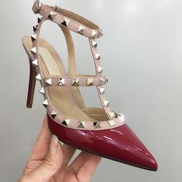 Sandals Gold Rivets Sandals High Heel Shoes Women Genuine Leather Nude Thin Heels 6cm 8cm 10cm Summer New Fashion Pointed Toe Sandal Patent Leathers Singl J230525