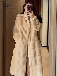 Women s Fur Faux Winter Log Striped Warm woman Fluffy Mink Coat Stand Collar Korean Luxury Designer Overcoat Women 221128